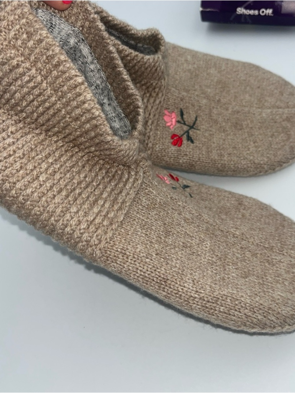 Bombas Tan Cozy Gripping Slippers with Pink & Red Flower Embroidery Medium - Picture 8 of 9